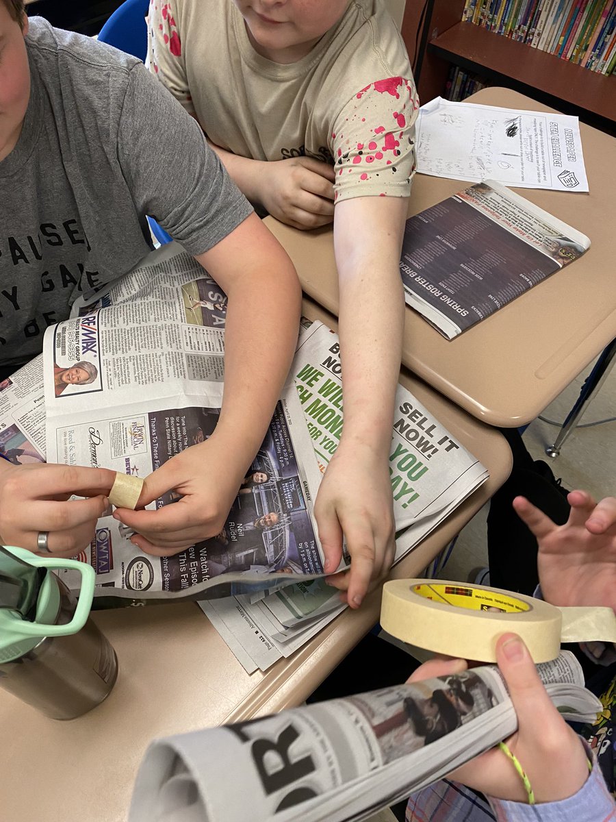 MsSanker's tweet photo. It’s almost the end of the year, and we’re doing as many hands-on STEM projects that we can fit in! Students had the challenge of building a newspaper table using only newspaper, masking tape, and one piece of cardboard. Such creative designs! #MVLearningFocused https://t.co/KwYLZv98BO