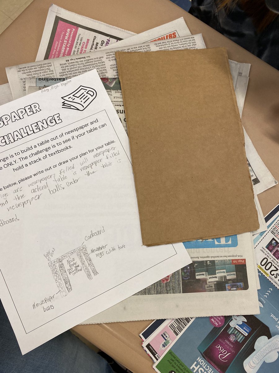 MsSanker's tweet photo. It’s almost the end of the year, and we’re doing as many hands-on STEM projects that we can fit in! Students had the challenge of building a newspaper table using only newspaper, masking tape, and one piece of cardboard. Such creative designs! #MVLearningFocused https://t.co/KwYLZv98BO