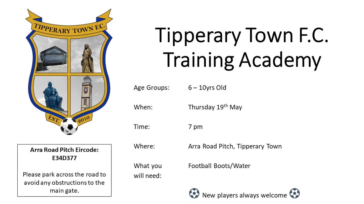 TTownfc's tweet photo. We are good to go tomorrow evening, looking forward to seeing everyone back on the pitch.
All new players welcome, €2 a head 🔵🟡⚽ https://t.co/StgFBEXEwf