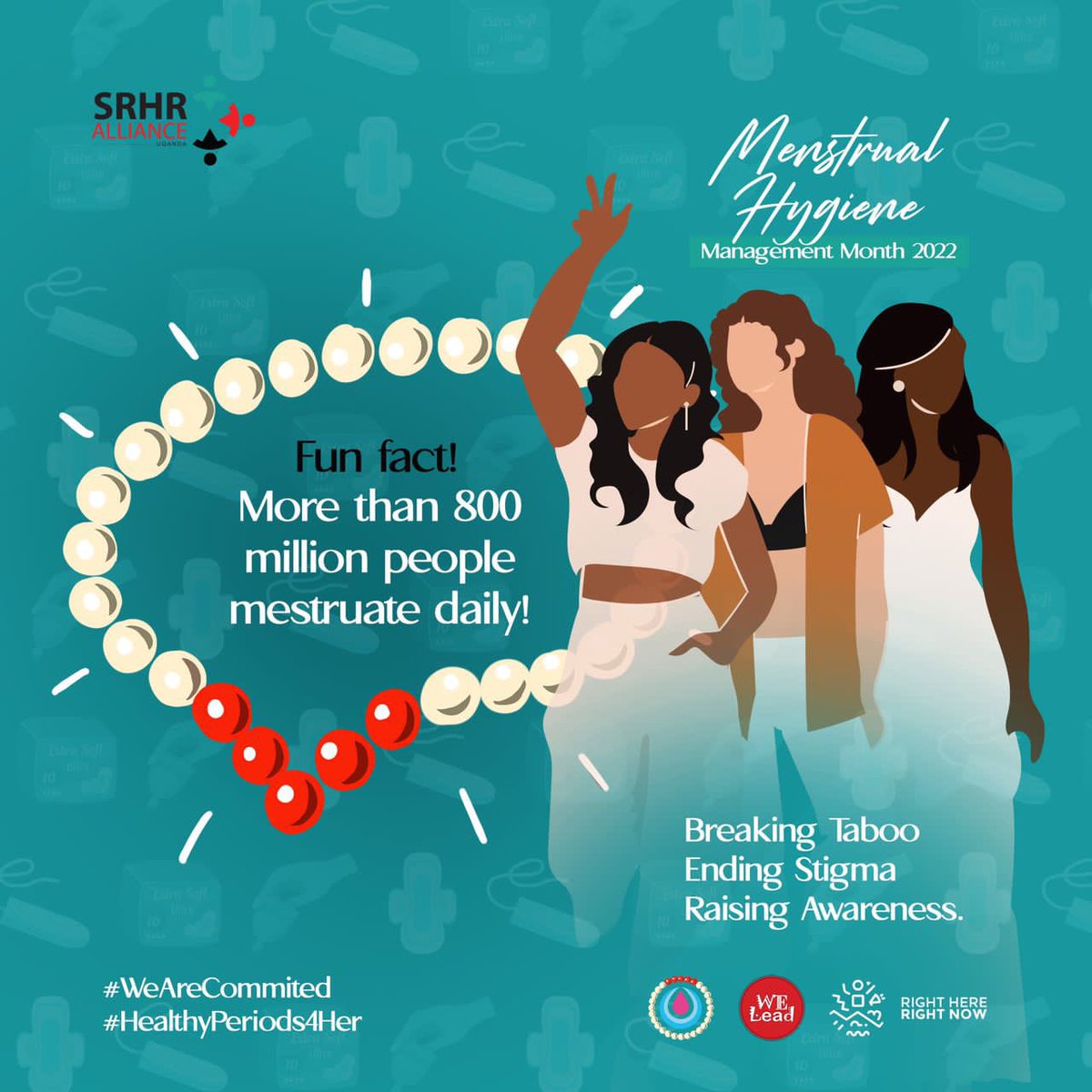 Did you know that more than 800 million people menstruate everyday ? 
Oh yes they do but the question is do they all have access to menstrual management materials ,proper facilities &
#WeAreCommitted 
#HealthyPeriod4Her 
#WeLeadOurSRHR