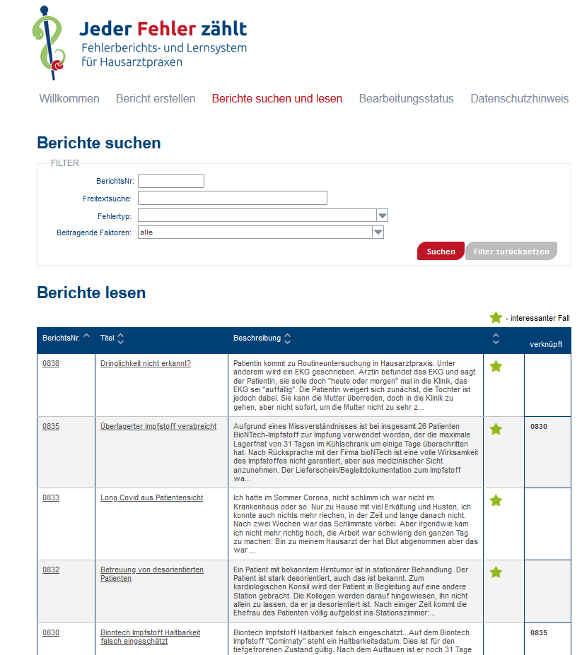 #jederfehlerzaehlt Aus dem „Fehler des Monats“ wird der „interessante Fall“ – ganz leicht zu finden durch das grüne Sternchen.
Schauen Sie mal vorbei, Sie werden verblüfft sein, wie viele interessante Fälle Hausarztpraxen berichtet haben jeder-fehler-zaehlt.de