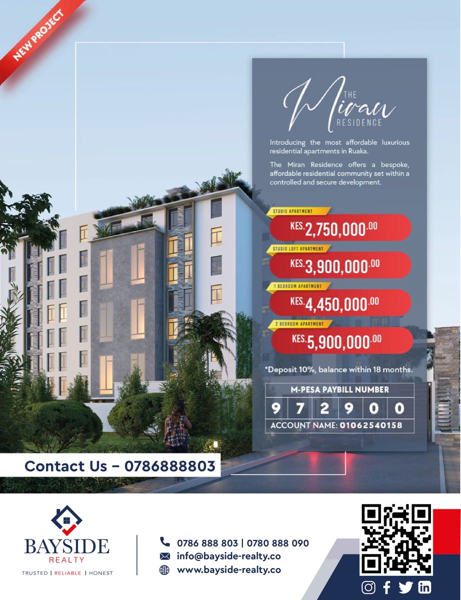 BaysideLtd's tweet photo. Introducing the most #affordable #luxurious #residential #apartments in Ruaka - The Miran Residence. Starting from: Ksh 2.75 M
Contacts us today,
+254786888803
https://t.co/vuzwDJp64O https://t.co/wCdp5ByTFU
