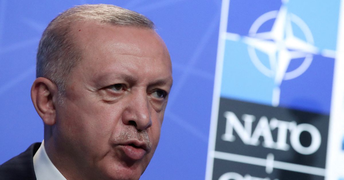 Reuters's tweet photo. Turkeys Erdogan links Sweden NATO bid to return of "terrorists" https://t.co/B28672Rpyd https://t.co/J3TYqscQgm