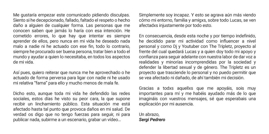 @long_lixuee Troba les 0 diferències. Tots els personatges públics fan servir el mateix discurs, calcat.
1. Demanant disculpes a ningú en concret, (a la gent que ha fet mal(?)).
2. No era la seva intenció, jo soc bona persona.
3. Linxament, salut mental
4. Marxa de xxss