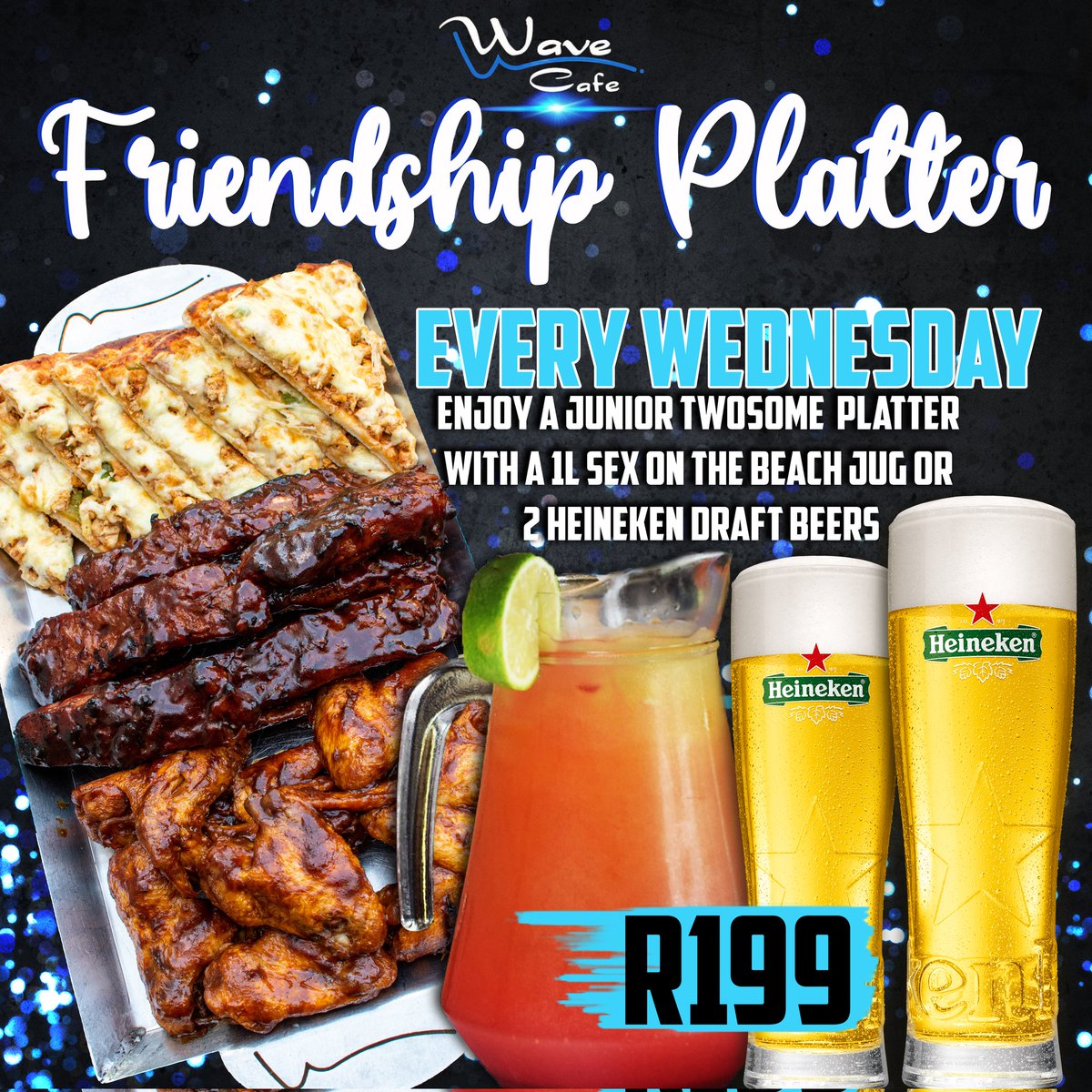 WaveCafeSA's tweet photo. Its WEDNESDAY ❗❗❗
FRIENDSHIP WEDNESDAY Time👏

Enjoy a Junior Twosome Platter with either a 1L Sex on the Beach Jug or 2 Heineken Draft Beers for ONLY R199 😍 EVERY Wednesday 

❌SIT DOWNS ONLY❌

#wavesportscafe #Empangeni #kwazulunatal #FriendShipPlatter #friendship https://t.co/NKxokNX4zD