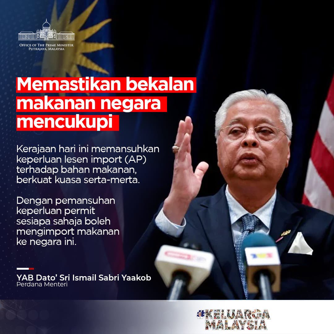 Banyak yang dibangkitkan di media sosial berkaitan isu bekalan makanan di dalam dan luar negara. 

Kerajaan hari ini memansuhkan keperluan lesen import (AP) bahan makanan berkuat kuasa serta merta.