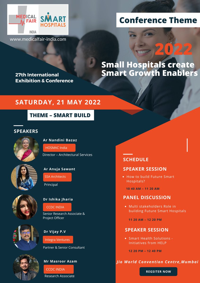 smart_hospitals's tweet image. #SMARTBUILD - Building Future Smart Hospitals .
#SmartHospitals Conference at Medical Fair India Mumbai - May 21-22. Future Smart Healthcare Buildings need to be Sustainable , Climate Friendly. Do join us to listen to the experts speak. Online Regn closed. Spot Registrations open