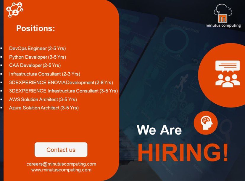 MinutusC's tweet photo. Minutus Computing is looking for the following positions.
LOVE YOUR WORK AND CELEBRATE LIFE @ Minutus Computing
Please join us !!!
#hiring #hiringnow #hiringimmediately #hiringalert #devopsengineer #devopsjobs #enovia #3dexperience #infrastructure #awsjobs #minutuscomputing https://t.co/b7qht6VJf6