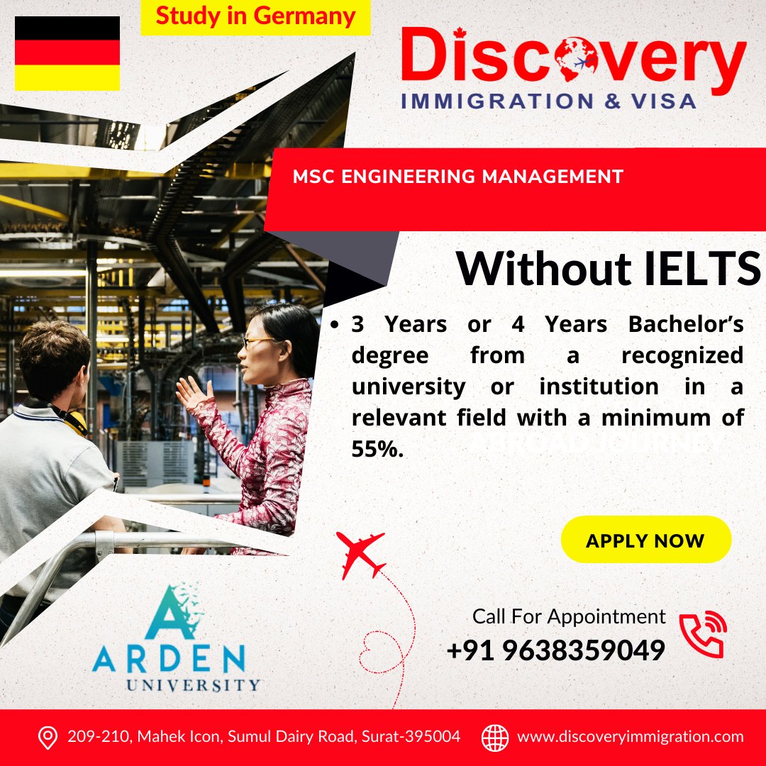 discoveryimmi's tweet photo. Without #IELTS study in #Germany In Arden University. 
Admission Requirements: 3 Years or 4 Years Bachelor’s degree from a recognized university or institution with a minimum of 55%.  For More Details WhatsApp: +919638359049.

#Surat #Daman #Vapi #Valsad #Bardoli #StudyAbroad https://t.co/TQXrtcufSl