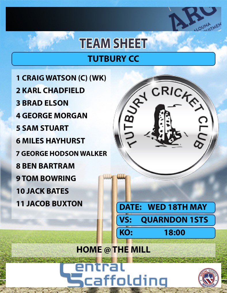 Tonight’s T20 Team Vs <a href="/QuarndonCC/">Quarndon CC</a> 
Butterley Cup Round 1
🏏