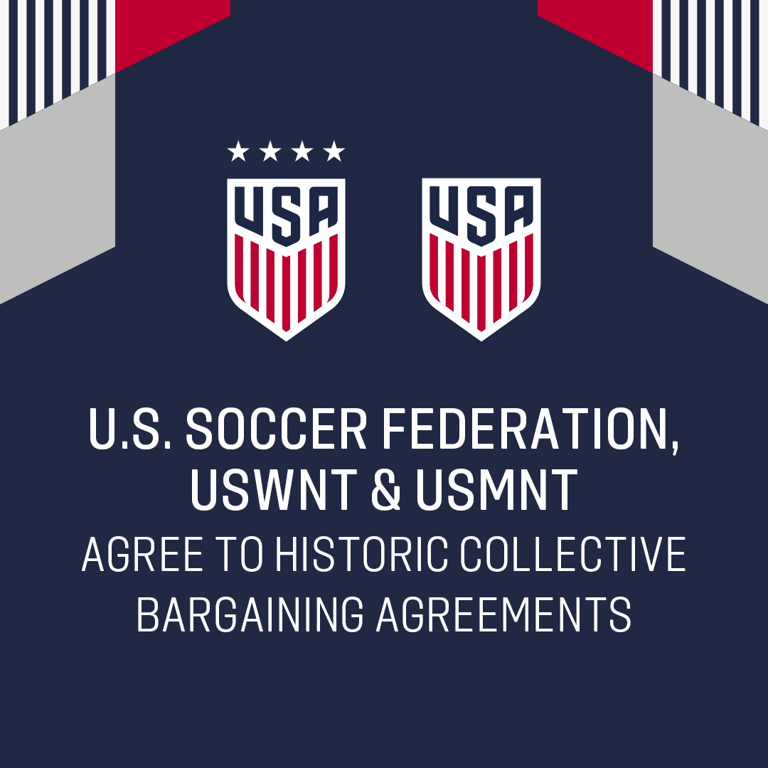 ussoccer's tweet photo. In a historic accomplishment, U.S. Soccer, @USMNT and @USWNT have come together to agree to new collective bargaining agreements that will run through 2028 and achieve true equal pay – including equalization of World Cup prize money.