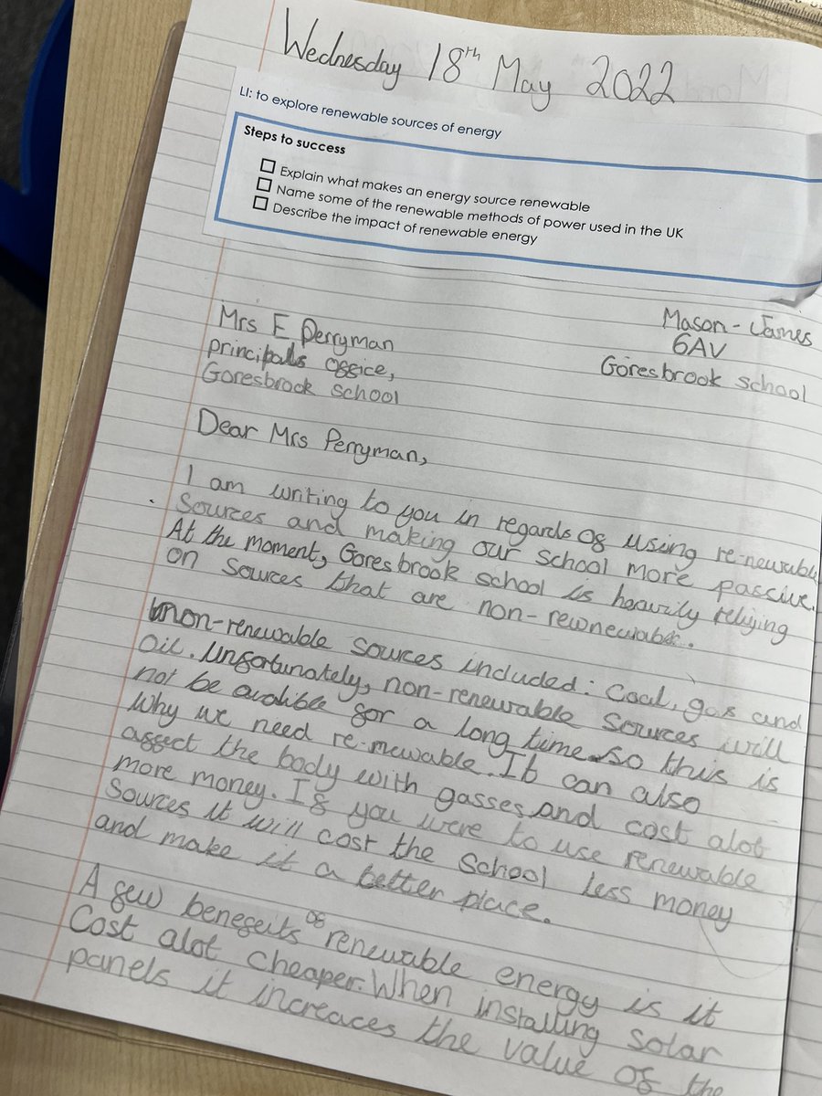 MissVincentGBS's tweet photo. 6AV have been busy today. In Geography, we wrote letters to @MrsPerrymanGBS encouraging her to make our school more energy efficient. @GoresbrookSc (1/2) https://t.co/xCrKjARew0