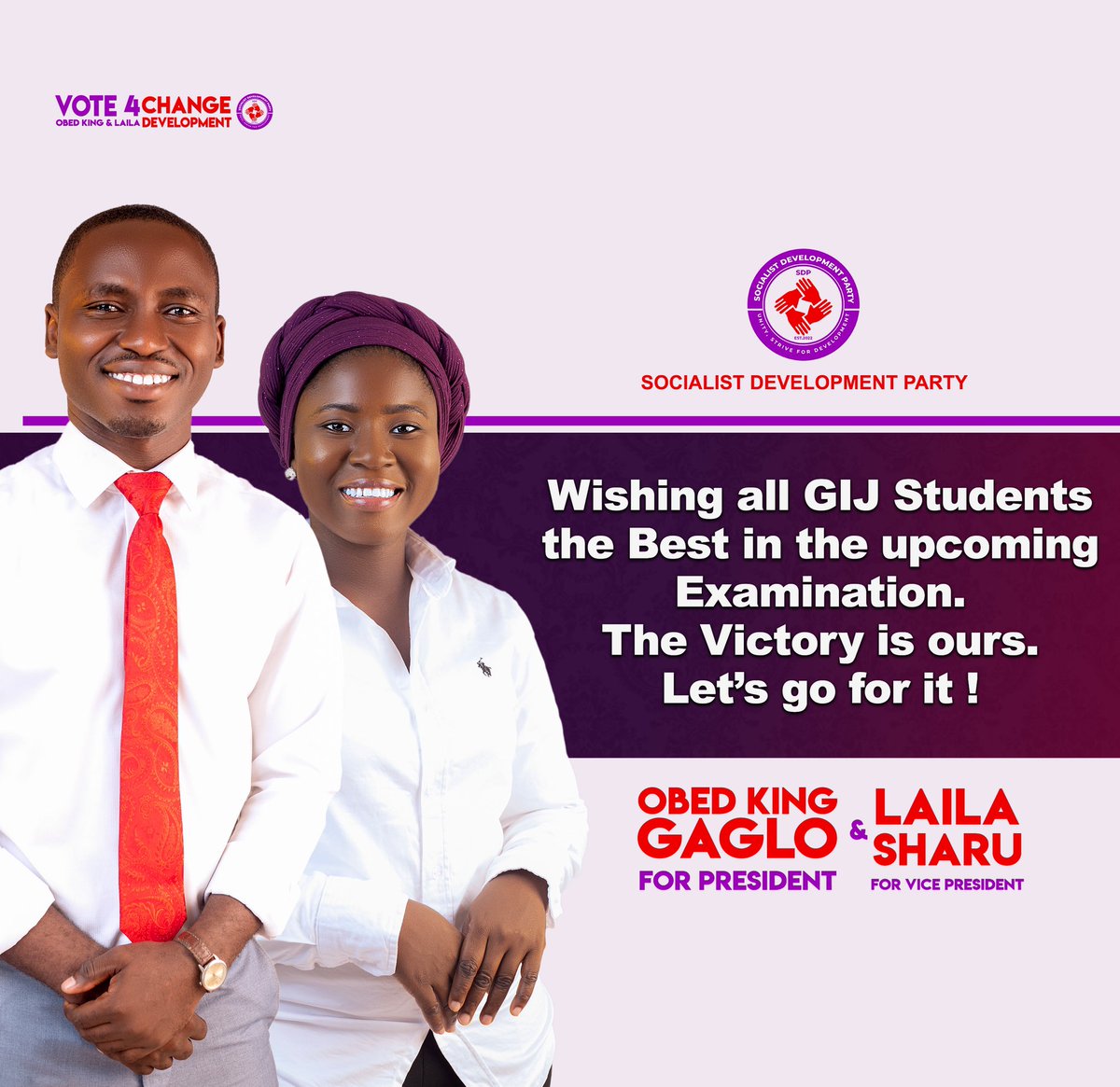 SociaDeveParty's tweet photo. Wishing all students of GIJ especially members of the Socialist Development Party great success in the upcoming examination! 

We have excelled ✨
All the best guys ❤️

#GijPolCom2022
#PoliticalCampaignSimulation https://t.co/1Tpd1MN2gx