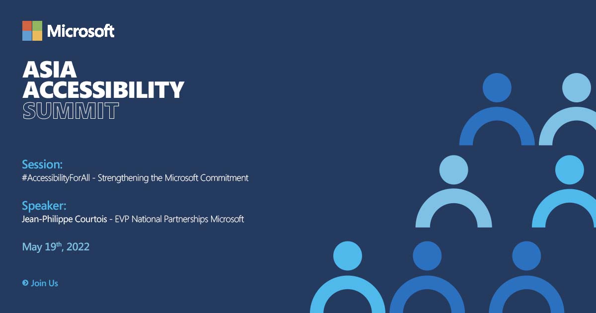 MicrosoftIndia's tweet photo. Catch @JP_Courtois, at the #MSAsiaAccessibilitySummit, where he shares about Microsoft's continuing commitment towards empowering individuals and organizations with inclusive technology. Register today https://t.co/tShRgnXli8 https://t.co/9ckRFuo8BO