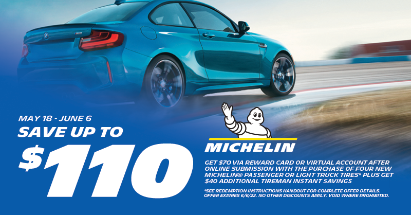 etireman's tweet photo. Save up to $110 when you buy a new set of four Michelin passenger or light truck tires at Tireman! Offer valid 5/18 - 6/6. No other discounts apply. See Tireman for complete details. Shop now: https://t.co/nzsKclHAtS https://t.co/pi8DWnEP1S
