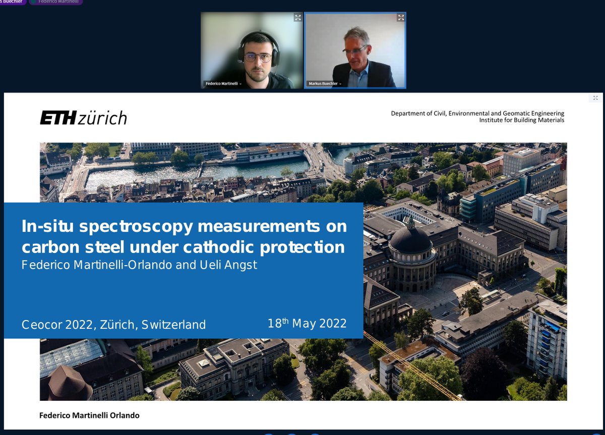 Durability_ETH's tweet photo. What happens to steel under cathodic protection? Our #phd student Federico Martinelli-Orlando presenting his work on in-situ #spectroscopy characterising carbon steel under #cathodicprotection at #Ceocor2022 - International virtual congress and exhibition.
@ERC_Research @ETH_en https://t.co/PYb3GEpXWe