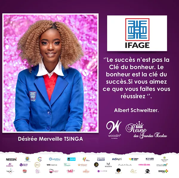 ifage_dakar's tweet photo. Désirée Merveille TSINGA représente @ifage_dakar dans le cadre de l'édition 2022 du concours « Reine des Grandes Ecoles ! »
Nous vous invitons à voter massivement pour Désirée Merveille en cliquant sur le lien suivant : https://t.co/v1VKbJPKmQ
#IFAGE #Dakar #Senegal https://t.co/wCcL0qmG7M