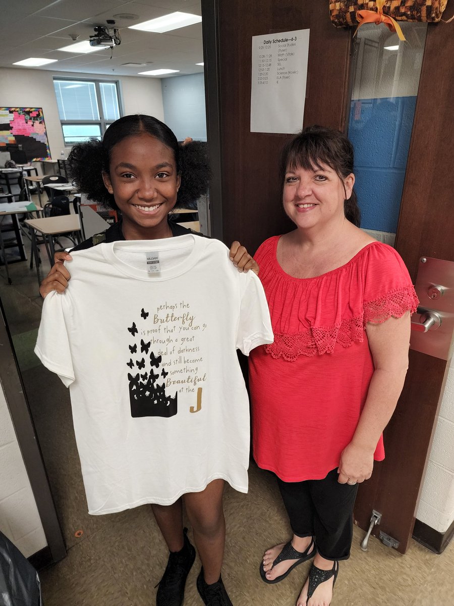 HCBBadger's tweet photo. Ms Exline held a contest for students to create a saying that represents the J.  Congrats to our winner: Tayonia Crawford! Ms Exline taught the Tayonia how to use a Cricut to create a tshirt with the beautiful saying! #TheJWCS @warrenschools #wordsarepowerful #seethegood https://t.co/e1CwNAQSsA