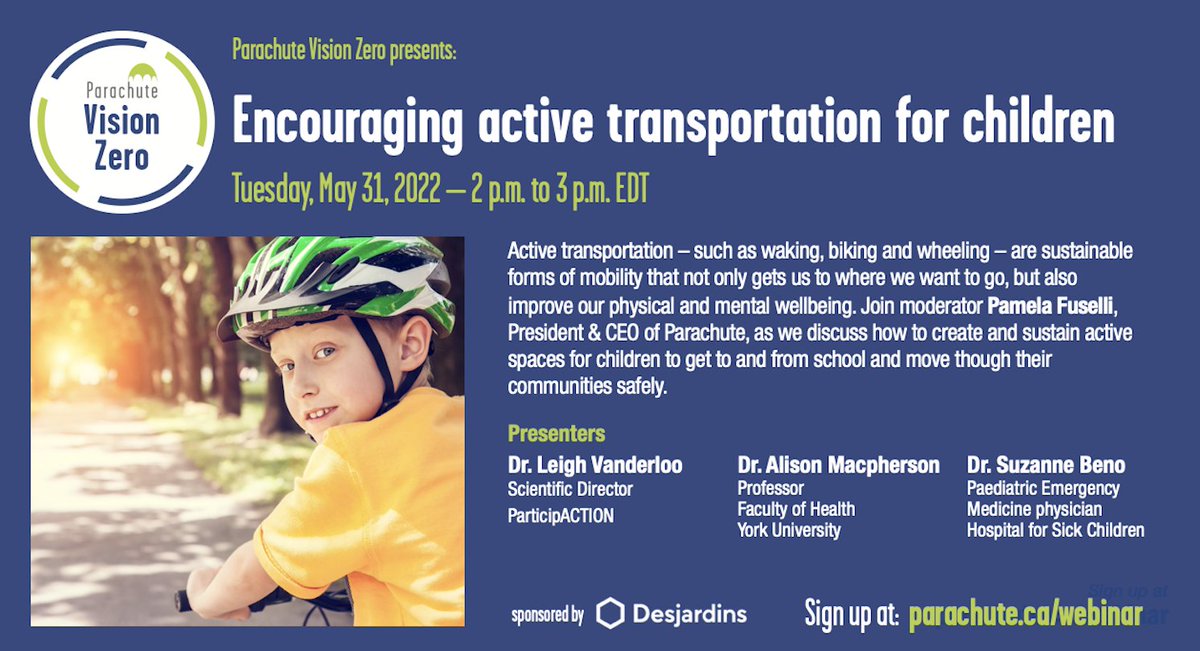 parachutecanada's tweet photo. Join us May 31, 2022 as we discuss children &amp; active transportation with Dr. Leigh Vanderloo, @ParticipACTION; Dr. Alison Macpherson, @YorkUHealth; &amp; Dr. Suzanne Beno, @SickKidsNews . To register➡️ https://t.co/vVZhARaGfV #WalkBikeAndWheel #ParachuteVZ #SKW2022 https://t.co/chpi6mtQEE
