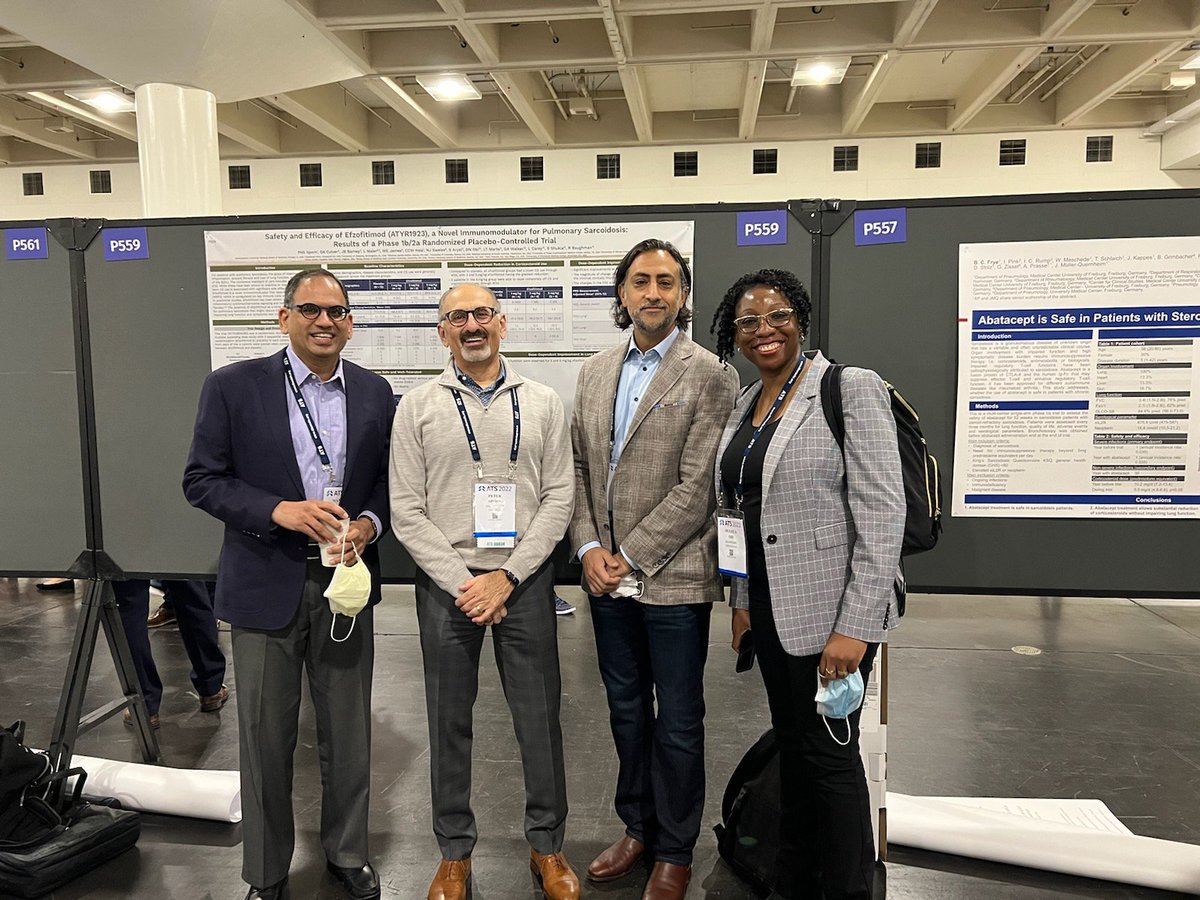 <a href="/StopSarcoidosis/">FSR</a> SAB member, <a href="/obi_ogugua/">Ogugua N. Obi</a> FSR CSN Member &amp; Pilot Grant Recipient,  <a href="/Peter/">Peter</a> Sporn, and FSR Pilot Grant  Recipient <a href="/maneeshbhargava/">maneesh bhargava</a> with <a href="/aTyrNews/">aTyr Pharma</a> President  and CEO Dr. Sanjay Shukla <a href="/aTyrNews/">aTyr Pharma</a> poster on successful phase 1b/2a clinical  trial in #sarcoidosis #ATS2022