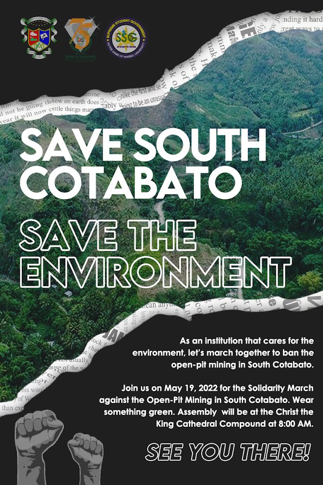 NDMUSSGOfficial's tweet photo. As an institution that cares for the environment, let’s march together to ban the open-pit mining in South Cotabato. Join us on May 19, 2022 for the Solidarity March against the Open-Pit Mining in South Cotabato.

#NoToOpenPitMining
#SaveSouthCotabato
#SaveTheEnvironment https://t.co/mjqpSC3TeH