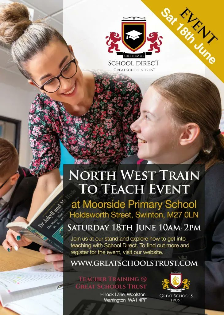Manchester Event 18th June - Discover more about School Direct and book your place now! buff.ly/3CIoMwB <a href="/GSTschools/">Great Schools Trust</a> <a href="/getintoteaching/">Teaching</a> #getintoteaching