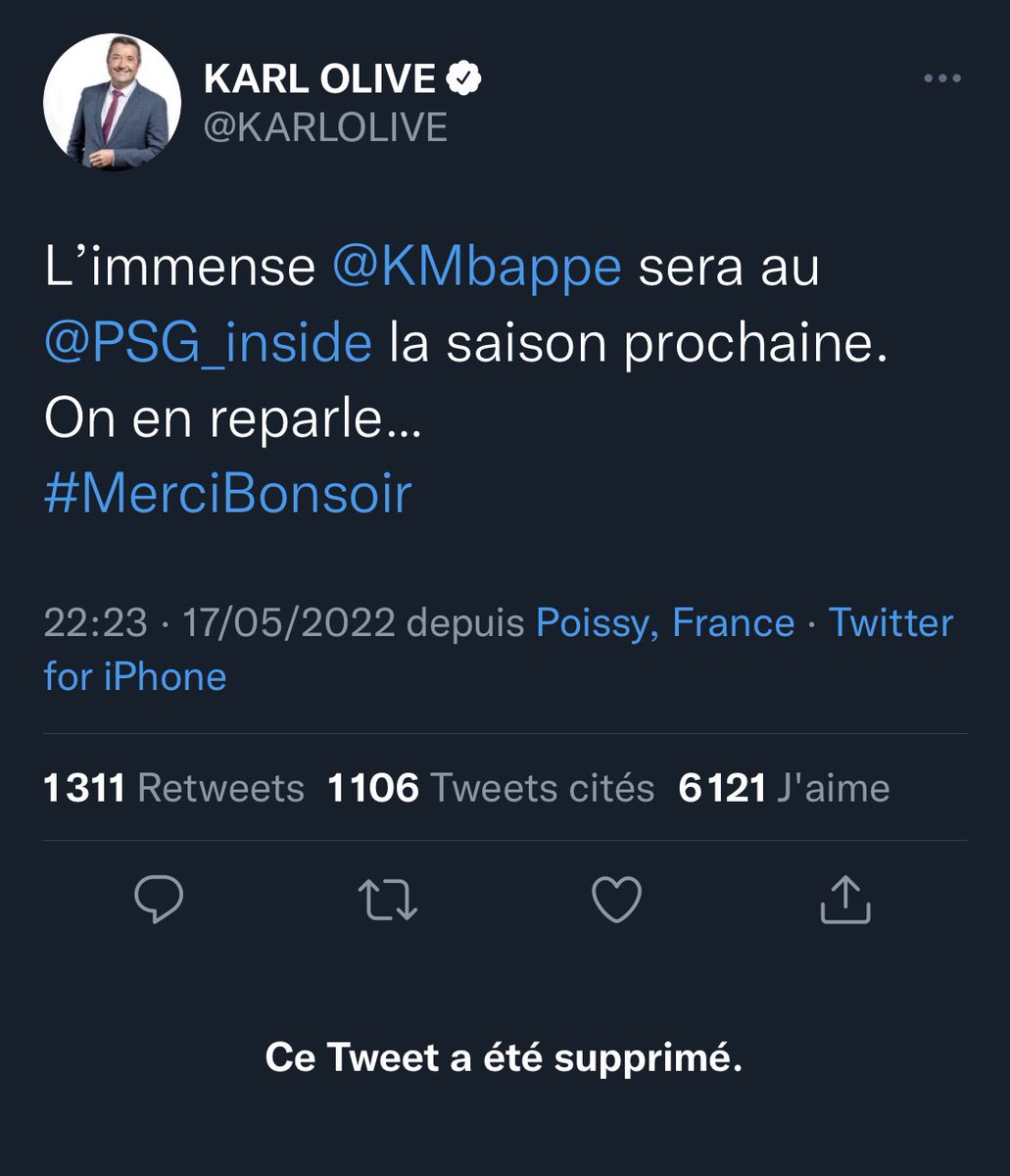psgcommunity_'s tweet photo. 🔴 L’entourage de Karl Olive, maire de Poissy, assure que le tweet annonçant la future prolongation de Mbappé - supprimé depuis - était purement subjectif et ne révélait en aucun cas une information sur l’avenir de Mbappé. ❌

(Via @le_Parisien_PSG) https://t.co/4T1yvrVt8J