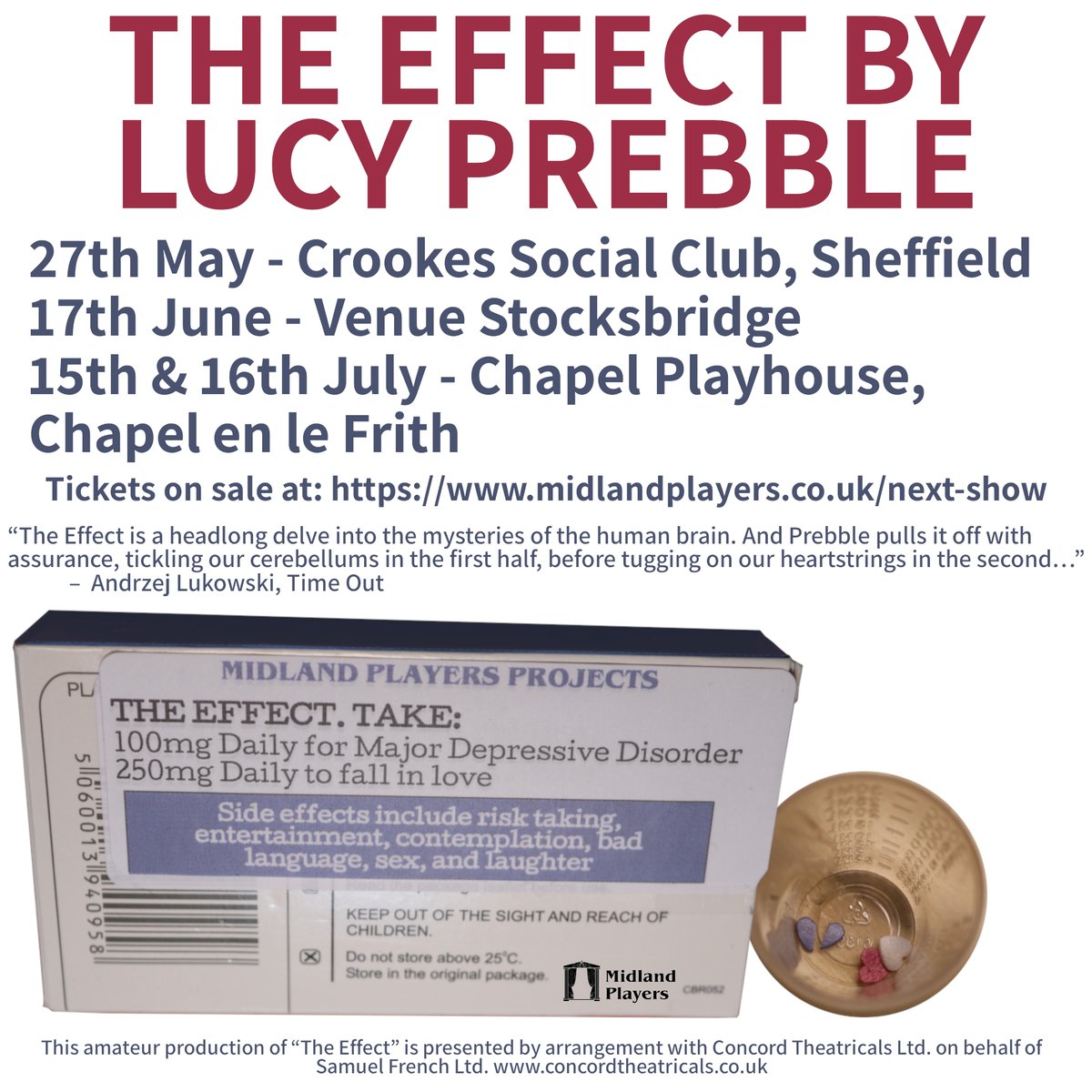 MidlandPlayers's tweet photo. Just over a week until our first performance of The Effect by @lucyprebblish at Crookes Social Club 27/05/2022

Side effects include risk taking, entertainment, contemplation, bad language, sex, and laughter.

Tickets available at https://t.co/3MBQgGlpjZ https://t.co/anEsF4WywX