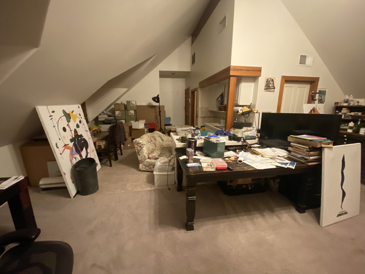 pj_fidler's tweet photo. GM!! My studio is usually a huge mess (shout out to Lucian Freud) but the wife 💍 made me get the carpets cleaned yesterday so I had to clean up a bit! Time to get it dirty again!!! 😘😃 #studio #studiovisit #pjfidler #ContemporaryArt #CleanNFT #cleanstudio https://t.co/UFeuA8kvq3