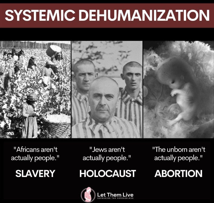 prolife_2026's tweet photo. Dehumanization has been a problem, for too long.
In 19th Century and before, slaves. Between 1941 and 1945 AD, Jews (in Nazi Germany). Abortion is currently the way of dehumanizing babies.
Dehumanization must end!!
#abortion #ProLife #OverturnRoe #EndDehumanization https://t.co/4yjT3iiSOy