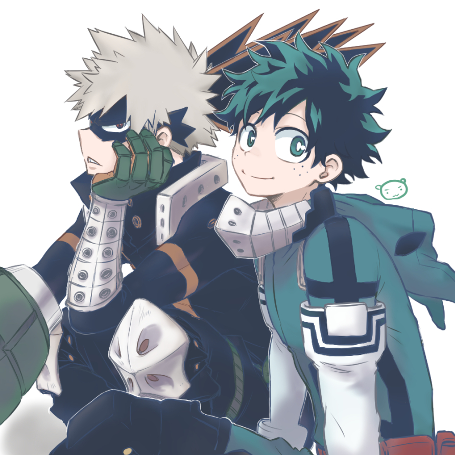 bakugou katsuki ,midoriya izuku multiple boys 2boys freckles male focus spiked hair green bodysuit blonde hair  illustration images