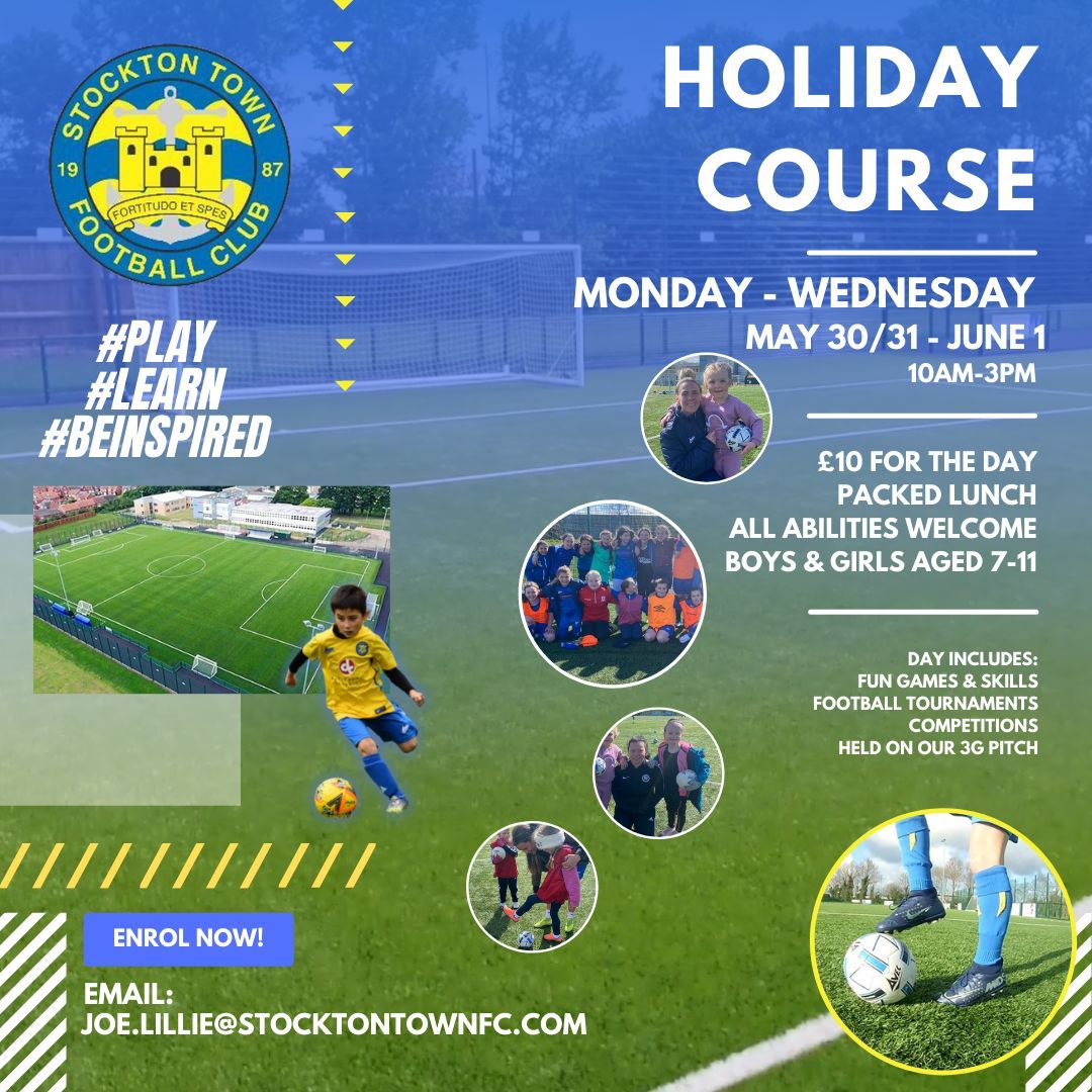 stockton_townfc's tweet photo. ⚽️ 𝗛𝗢𝗟𝗜𝗗𝗔𝗬 𝗖𝗢𝗨𝗥𝗦𝗘

We will be holiday a Holiday Course for boys and girls aged 7-11 between May 30 and June 1. If you are interested, please send us an email to confirm your child's place.

📧 joe.lillie@stocktontownfc.com

#UTA⚓️ #JuniorFootball #HolidayCourse https://t.co/67y8pqyE6q