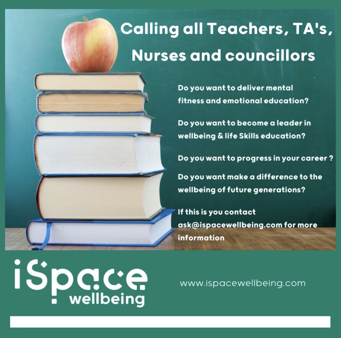 iSpaceWellbeing's tweet photo. Are you a teacher, TA, nurse or counsellor or someone who wants to return to this field? Do you want to progress professionally and improve your wellbeing and the wellbeing of others? Then contact us at ask@ispacewellbeing.com for more information #teacher #councillor #nurses https://t.co/Ii7wY0rBeO