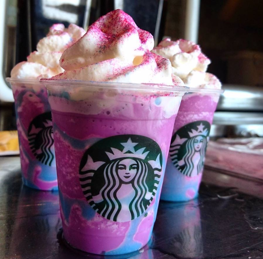 Starbucks Unicorn Frappuccino (2017-2017) This blended concoction was seemingly created for the Age of Instagram, and was made with ice, milk, pink powder, sour blue powder, crème Frappuccino syrup, mango syrup, and blue drizzle.
