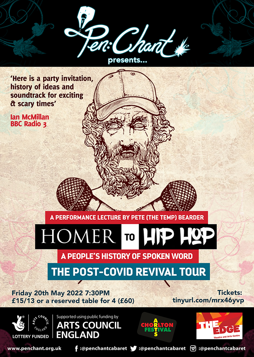 ContactMcr's tweet photo. This Friday our friends @penchantcabaret will be hosting a very special night of stand-up poetry and spoken word at The Edge Theatre &amp; Arts Centre as part of Chorlton Arts Festival. Don't miss Homer to Hip Hop by poetry slam champion Pete the Temp.

👉 https://t.co/ddg6IDDE1Q https://t.co/W7ETPoHber