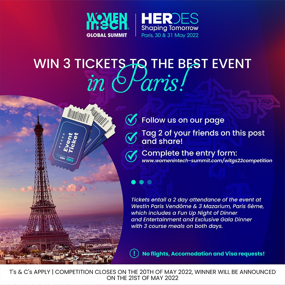 WomenInTechOrg's tweet photo. We have some EXCITING news to share with you today! Oh YES! We are giving away 3 tickets for you to attend our WOMEN IN TECH - Global Movement Summit in Paris!💫💃💃💃

Entry Form: https://t.co/lPdrLkY0k8

#WITGS22 #HERoesShapingTomorrow https://t.co/SaFqKs4ZHv