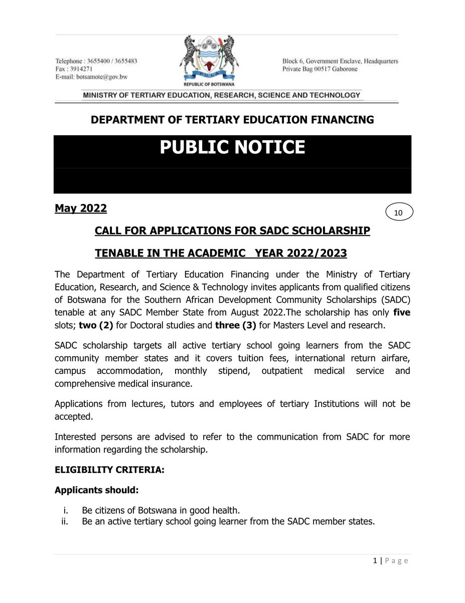 DTEF_BW's tweet photo. SADC SCHOLARSHIP 2022
Apply now! https://t.co/LjxUyObDHE