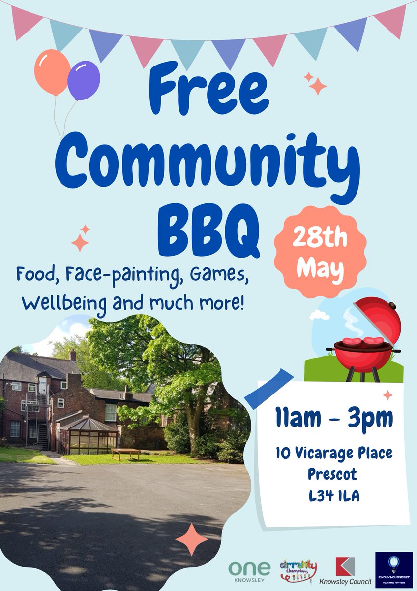 We're hosting a Free Community BBQ on Saturday 28th May with food, games, face-painting &amp; wellbeing talks from 11am-3pm &amp; everyone is welcome ☀️
Tell your friends &amp; family, &amp; we're looking forward to seeing you there! 💙
<a href="/OneKnowsley/">One Knowsley</a> @knowsleycouncil
#KnowsleyCommunityChampions