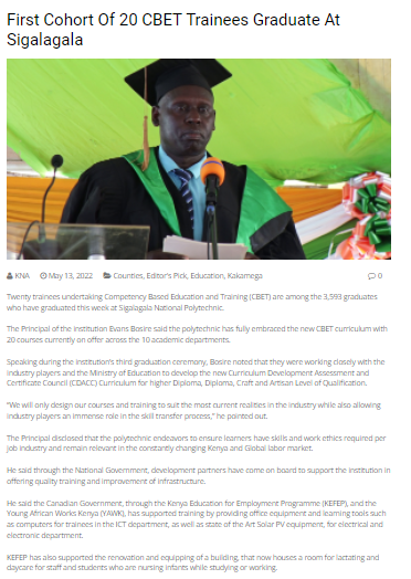 CICan_Kenya's tweet image. HONGERA to Sigalagala National Polytechnic on the graduation of the 1st cohort of #CBET trainees 👏🏾👏🏾🎉🎉. We're proud to have supported this milestone through our Global Affairs Canada's #KEFEP &amp;amp; @MastercardFdn's #YoungAfricaWorks in Kenya-TVET projects
kenyanews.go.ke/first-cohort-o…