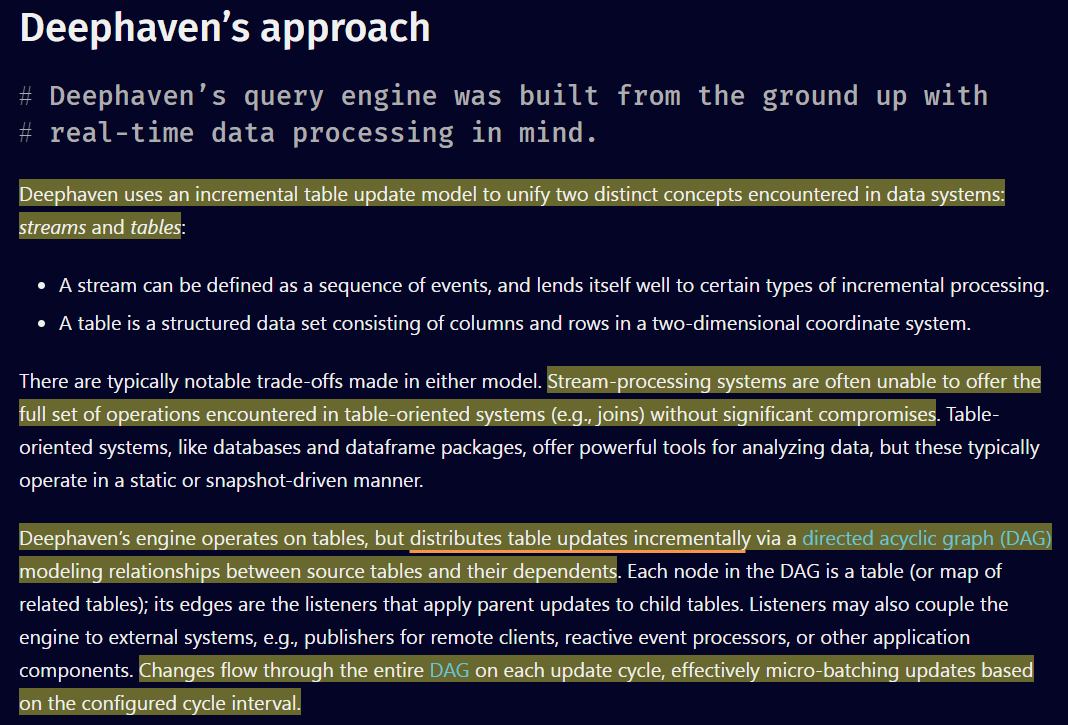 semanticbeeng's tweet image. &quot;#Deephaven’s streaming query &amp;amp; transformation engine operates on tables, but distributes table updates incrementally via a DAG modeling relationships between source tables and their dependents&quot;

#BigData #DataManagement 
/cc #DataLakehouse #EventSourcing #FeatureEngineering