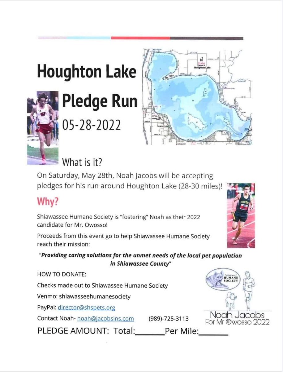 The Heartbeat of Corunna (@hbocorunna) on Twitter photo Here’s an opportunity to support <a href="/Noah_Jacobs22/">Noah Jacobs</a> in his quest to raise funds for the Shiawassee Humane Society. Noah will be running around Houghton Lake (28-30 miles) for a pledge run.
Noah is a Corunna alumni and one of the greatest distance runners in Cavalier history. Here’s an opportunity to support <a href="/Noah_Jacobs22/">Noah Jacobs</a> in his quest to raise funds for the Shiawassee Humane Society. Noah will be running around Houghton Lake (28-30 miles) for a pledge run.
Noah is a Corunna alumni and one of the greatest distance runners in Cavalier history.