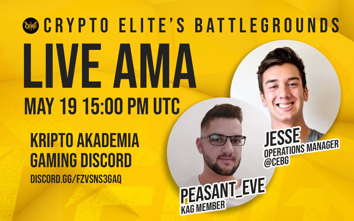 🔫AMA with @CEBG_GAME🔫

🔥$450 Worth of NFTs &amp; 2 Beta Test Spots🔥
⏰15:00 PM on MAY 19th(UTC)

1⃣ Follow @k_akademia_KAG &amp; @CEBG_GAME
2⃣ RT+Like+Drop KCC address
3⃣ Join discord.gg/TnPcDzwG

💸2 Beta Test Spots from Twitter
💰3 Genesis CEBG NFT for winners picked during AMA