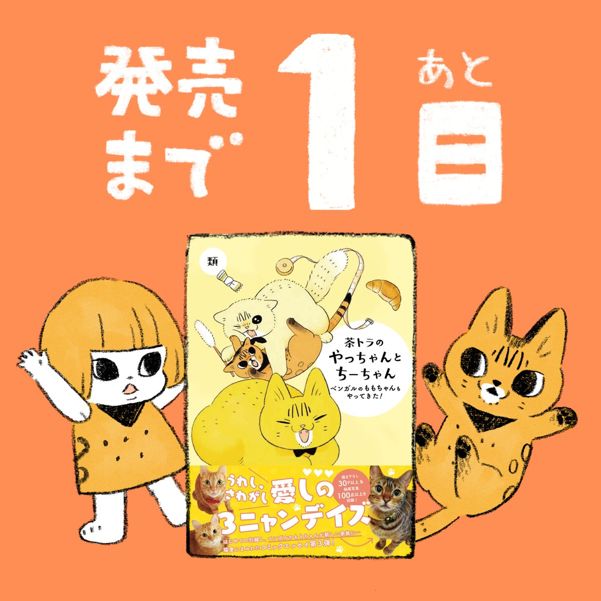 3巻『茶トラのやっちゃんとちーちゃん〜ベンガルのももちゃんもやってきた!〜』発売まであと1日🐱書店によってはもう並んでるかも?
2022年05月19日木曜日発売(電子書籍も同日発売)
定価1,100円(税別)
Amazonで予約・購入するとスマホ用壁紙3種がもらえます🎁
予約・購入↓
https://t.co/Le5znzy7CE