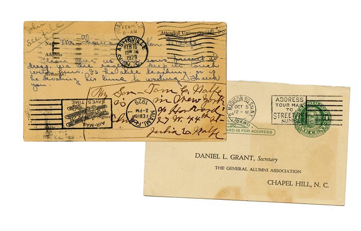 We once kept track of #UNCAlumni via postcards. Here's one from Julia Wolfe, mother of Thomas Wolfe (class of 1920), with his new mailing address at the Harvard Club. Graduate before 1988? We likely have a folder with your name on it. GAA members, read on: alumni.unc.edu/car