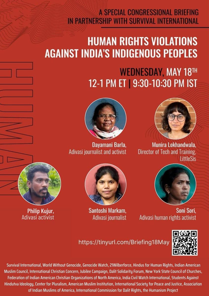 Survival's tweet photo. Today! 12 pm ET / 5pm UK / 9:30 pm IST 

Join us! Hear from #Adivasi (Indigenous) activists in #India about the fight for their lands and lives, and how they're resisting oppression. ✊

@IAMCouncil @Hindus4HR https://t.co/NnOObMJU8m