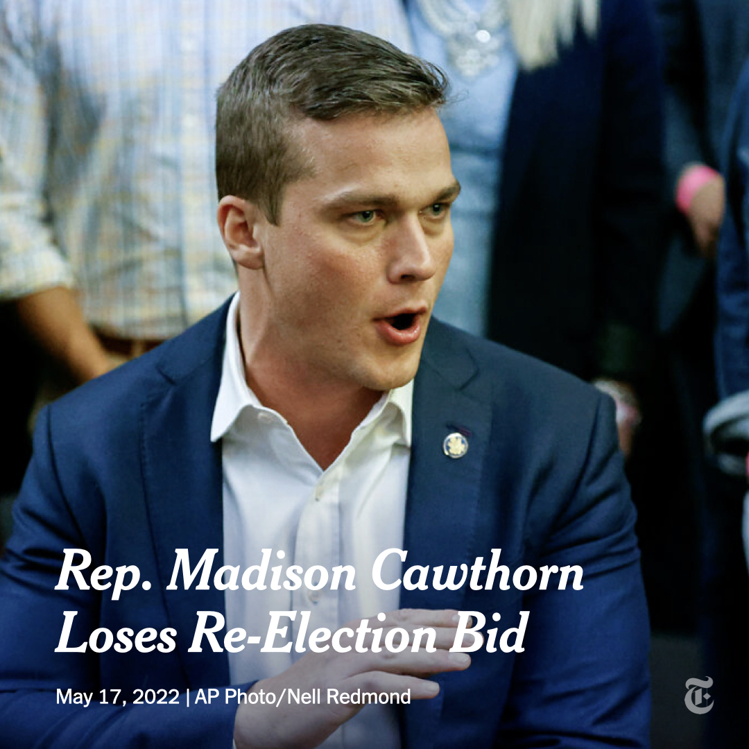 nytimes's tweet photo. Rep. Madison Cawthorn lost the Republican primary in North Carolina's 11th District on Tuesday. The outcome served as a rebuke of Cawthorn, a right-wing firebrand and the youngest freshman in Congress, who was once seen as a rising Republican star. https://t.co/S6b2efK3dl https://t.co/Q5xw0VEoZX