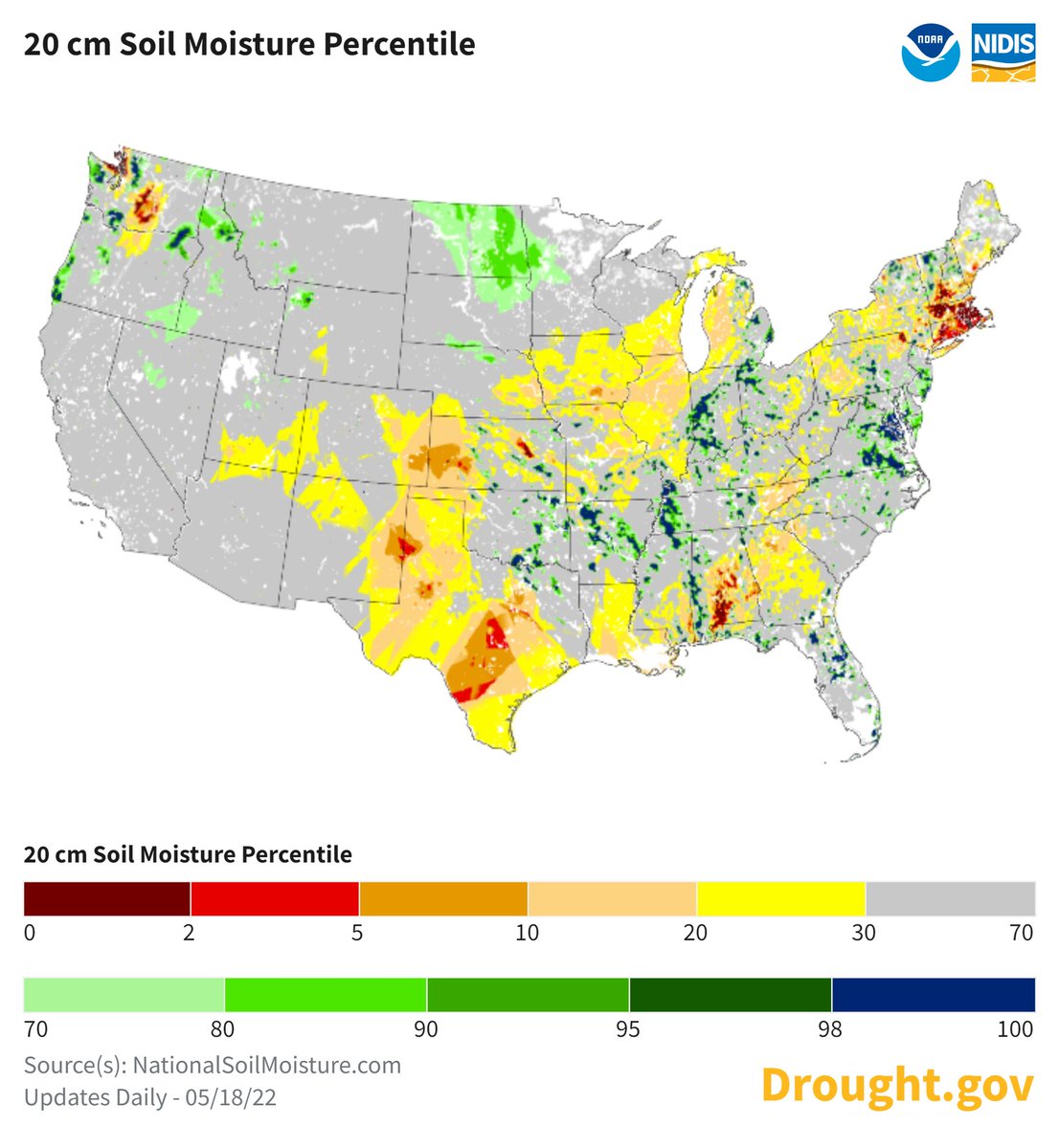 growingwisdom's tweet photo. Here's a map for those who might think I am making a bigger deal about the soil moisture than need be. Most of southern New England's topsoil is in the lowest percentile compared to the average in the country. https://t.co/ud29G2BmCZ
