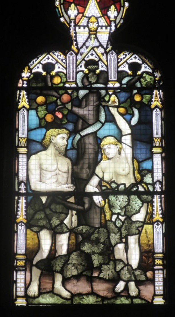 jeelyeater1's tweet photo. #TreesInChurches #AnimalsInChurchesHour #stainedglass By #StephenAdam in Paisley Abbey. Eve picks the fruit from the tree of knowledge of good and evil. @churchscotland https://t.co/Wfm2yraiPc