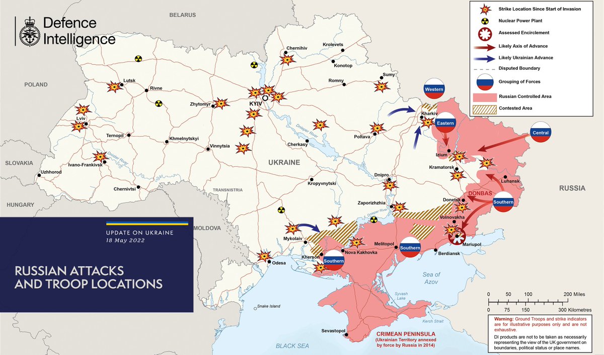 DefenceHQ's tweet photo. The illegal and unprovoked invasion of Ukraine is continuing.
 
The map below is the latest Defence Intelligence update on the situation in Ukraine - 18 May 2022
 
Find out more about the UK government's response: https://t.co/pT9AKFbGZJ
 
🇺🇦 #StandWithUkraine 🇺🇦 https://t.co/eBtapUQPMG