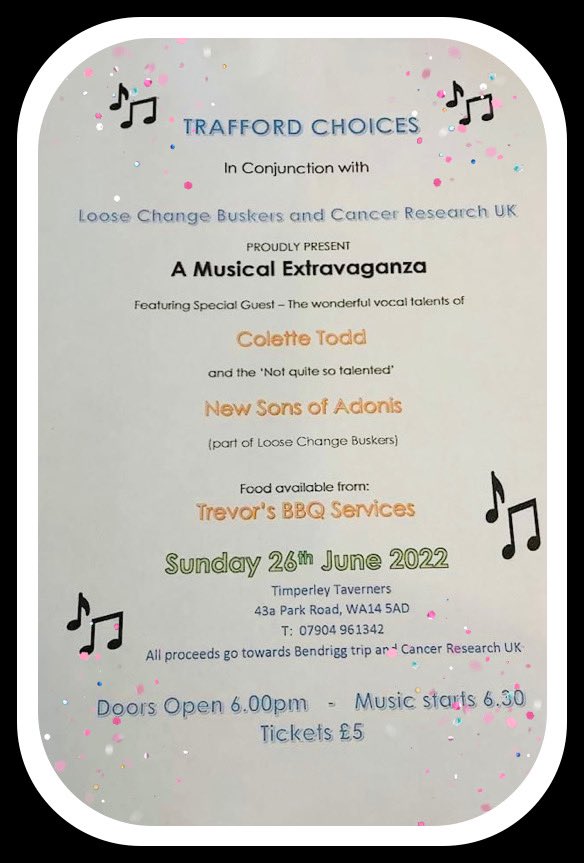 Charity event in Timperley Sunday 26 June. Food and music, what more do you need?? 😍#timperley #cancerresearchuk #bendrigg